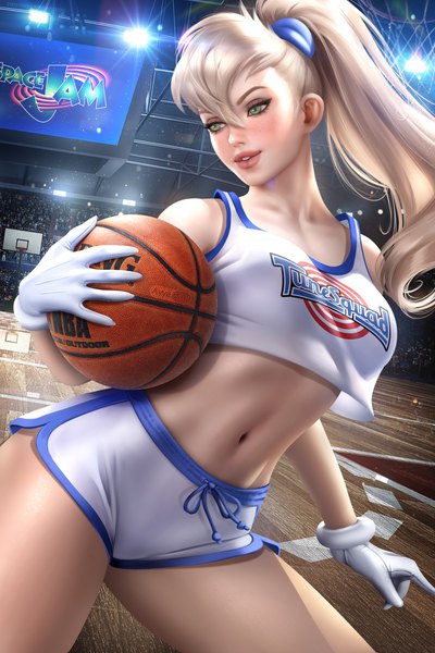 Anime picture 4668x7002 with looney tunes warner bros lola bunny ayyasap single long hair tall image blush fringe highres breasts light erotic blonde hair smile hair between eyes standing holding green eyes signed looking away