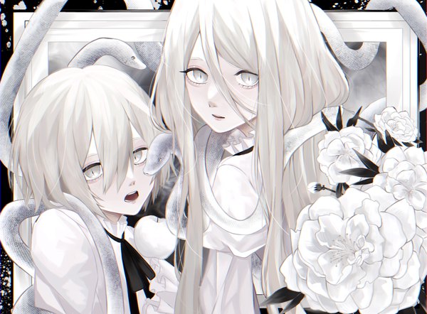 Anime picture 2244x1654 with original 402 (o0 xxx) long hair looking at viewer fringe highres short hair open mouth hair between eyes upper body white hair slit pupils silver eyes androgynous flower (flowers) animal shirt white shirt snake picture frame