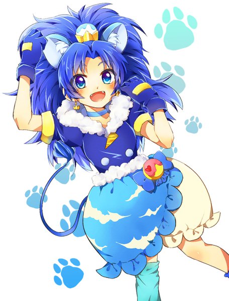 Anime picture 950x1250 with precure kirakira precure a la mode toei animation tategami aoi cure gelato mani (second-dimension) single long hair tall image looking at viewer blush open mouth blue eyes simple background smile white background animal ears payot blue hair tail