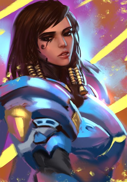 Anime picture 900x1285 with overwatch blizzard entertainment pharah (overwatch) yy6242 single long hair tall image fringe brown hair looking away upper body parted lips lips black eyes realistic lipstick facial mark pink lipstick girl armor