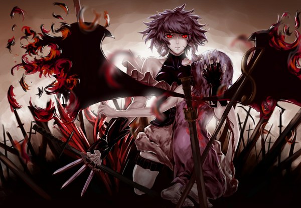 Anime picture 2169x1503 with touhou remilia scarlet izayoi sakuya feitie (artist) highres short hair red eyes bare shoulders multiple girls purple hair from behind hug glowing glowing eye (eyes) injury cuts torn wings girl weapon 2 girls