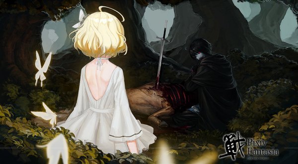 Anime picture 1498x830 with original pixiv fantasia pixiv fantasia new world tagme (artist) short hair black hair blonde hair red eyes wide image sunlight back guro girl dress boy plant (plants) tree (trees) white dress hood insect
