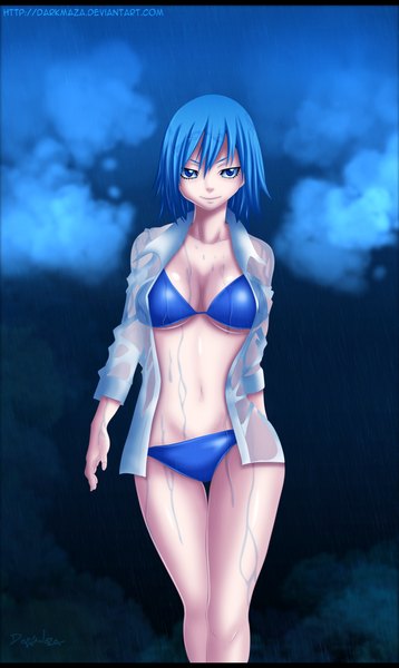 Anime picture 2207x3700 with fairy tail juvia lockser darkmaza single tall image highres short hair blue eyes light erotic smile blue hair sky cloud (clouds) open clothes wet open shirt coloring letterboxed rain girl