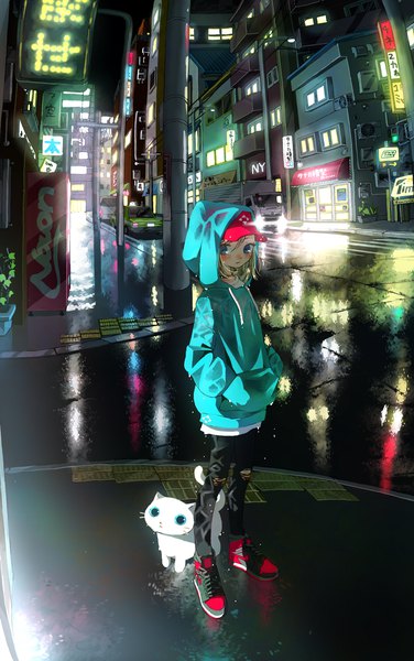 Anime picture 1774x2827 with original tao (tao15102) single long hair tall image looking at viewer blush highres blue eyes blonde hair standing full body outdoors night wet torn clothes city reflection hands in pockets city lights