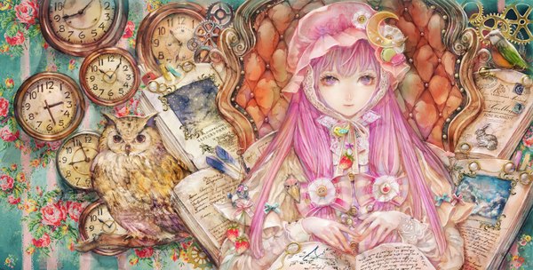 Anime picture 1500x760 with touhou patchouli knowledge yogisya long hair wide image pink hair pink eyes light smile floral print crescent girl hair ornament ribbon (ribbons) hair ribbon animal food bird (birds) book (books) feather (feathers) bonnet