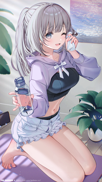 Anime picture 1296x2304 with original oli single long hair tall image looking at viewer blush fringe open mouth smile holding payot full body ponytail indoors blunt bangs long sleeves one eye closed barefoot grey hair
