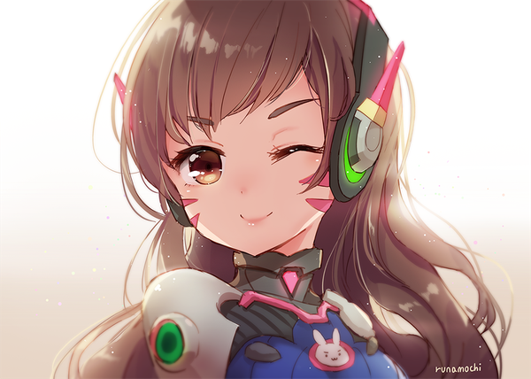 Anime picture 900x643 with overwatch blizzard entertainment d.va (overwatch) runamochi single long hair looking at viewer blush fringe simple background brown hair brown eyes signed upper body one eye closed light smile gradient background facial mark happy eyebrows