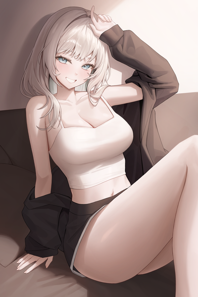 Anime picture 2000x3000 with original kangse415 single long hair tall image looking at viewer blush fringe highres breasts blue eyes light erotic smile large breasts sitting cleavage silver hair blunt bangs long sleeves arm up