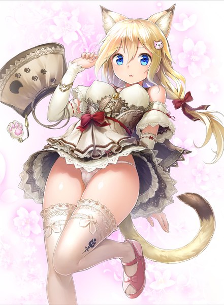 Anime picture 1332x1812 with original solru (tyappygain) single long hair tall image looking at viewer open mouth blue eyes light erotic blonde hair animal ears tail animal tail girl thighhighs underwear panties detached sleeves white thighhighs white panties