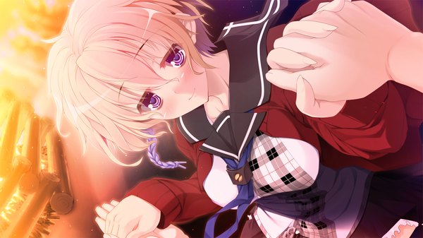 Anime picture 1280x720 with taisetsu na kimi no tame ni, boku ni dekiru ichiban no koto short hair blonde hair wide image purple eyes game cg girl serafuku