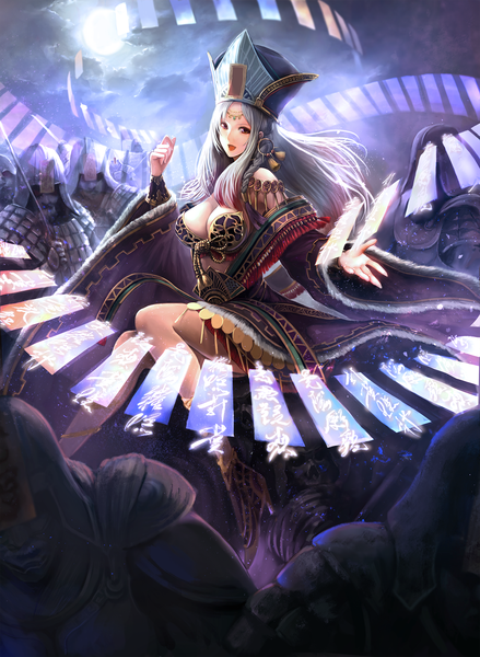 Anime picture 1929x2637 with original shogo (shogo) long hair tall image fringe highres breasts open mouth large breasts sky cleavage cloud (clouds) bent knee (knees) multicolored hair lips night wide sleeves gradient hair samurai girl
