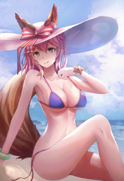 Anime picture 1114x1631 with fate (series) fate/grand order tamamo (fate) (all) tamamo no mae (swimsuit lancer) (fate) necoring862 single long hair tall image looking at viewer blush fringe breasts light erotic hair between eyes sitting animal ears yellow eyes pink hair sky cleavage