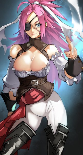 Anime picture 807x1500 with fate (series) fate/grand order fate/extra fate/extella link francis drake (fate) yoshio (55level) single long hair tall image looking at viewer breasts blue eyes light erotic simple background large breasts standing pink hair cleavage ahoge ponytail