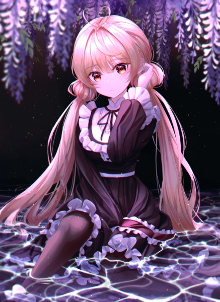 Anime picture 3500x4800 with original bbeedol single tall image looking at viewer blush fringe highres blonde hair hair between eyes red eyes sitting twintails absurdres ahoge long sleeves very long hair head tilt partially submerged low twintails