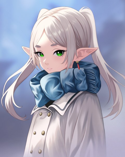 Anime picture 2592x3240 with sousou no frieren frieren aldrich single long hair tall image highres twintails green eyes silver hair upper body pointy ears elf girl earrings scarf