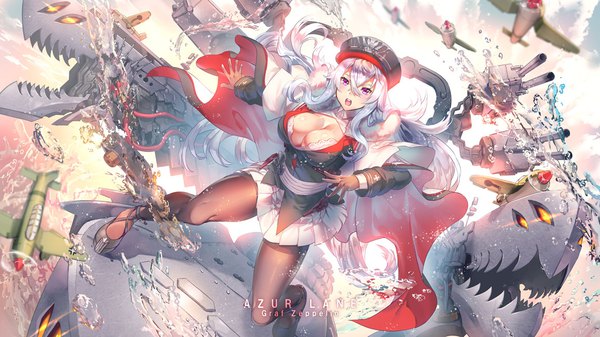 Anime-Bild 1155x650 mit azur lane graf zeppelin (azur lane) yoshimoto (dear life) single long hair fringe breasts open mouth light erotic hair between eyes wide image large breasts purple eyes silver hair pleated skirt copyright name character names military girl skirt
