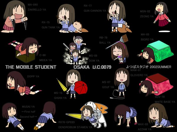 Anime picture 1024x768 with mobile suit gundam azumanga daioh sunrise (studio) j.c. staff kasuga ayumu mihama chiyo takino tomo kagura (azumanga) chiyo father tadakichi parody girl