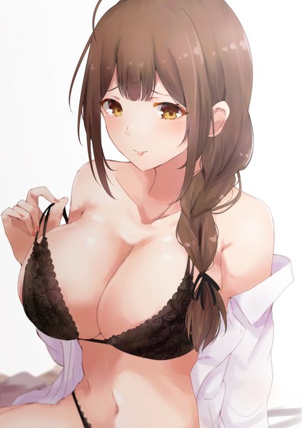 Anime picture 1445x2048 with idolmaster idolmaster shiny colors kuwayama chiyuki ryuu. single long hair tall image looking at viewer blush fringe breasts light erotic simple background smile brown hair large breasts white background yellow eyes payot cleavage