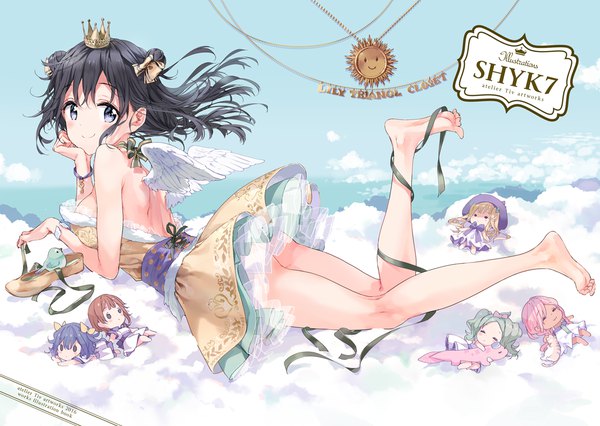 Anime picture 1083x769 with original tiv long hair looking at viewer blush fringe blue eyes light erotic black hair smile hair between eyes bare shoulders multiple girls holding sky cloud (clouds) full body bent knee (knees) outdoors lying