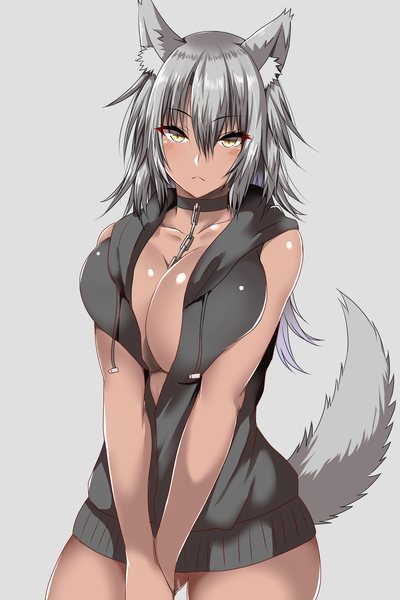 Anime picture 2000x3000 with original ar (lover boy) single long hair tall image looking at viewer blush fringe highres breasts light erotic simple background hair between eyes standing animal ears yellow eyes silver hair tail animal tail grey background