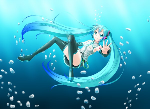 Anime picture 1750x1275 with vocaloid hatsune miku noronosuke single looking at viewer fringe highres smile twintails bent knee (knees) very long hair pleated skirt aqua eyes aqua hair underwater convenient leg girl skirt detached sleeves miniskirt