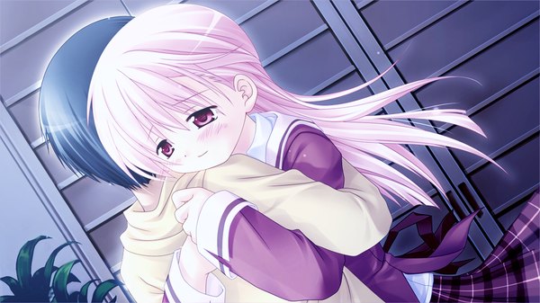 Anime picture 1024x576 with sanarara r nekoneko soft blush short hair black hair red eyes wide image pink hair game cg couple hug girl boy