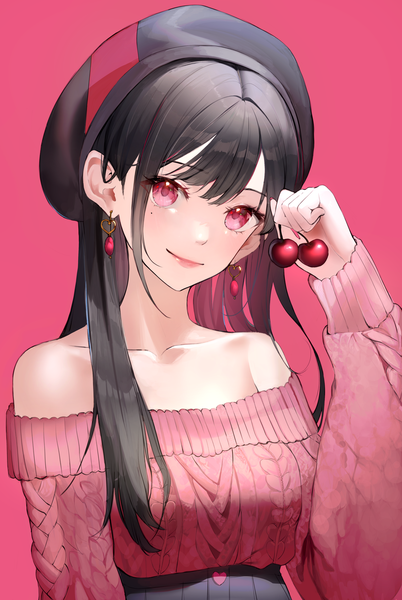 Anime picture 3000x4481 with original kapo single long hair tall image looking at viewer blush fringe highres breasts simple background holding upper body long sleeves head tilt pink eyes arm up off shoulder mole mole under eye