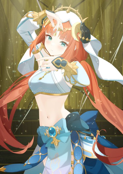 Anime picture 1447x2047 with genshin impact nilou (genshin impact) natuki taki single long hair tall image looking at viewer blush fringe breasts standing twintails red hair blunt bangs long sleeves nail polish arm up horn (horns) aqua eyes arms up