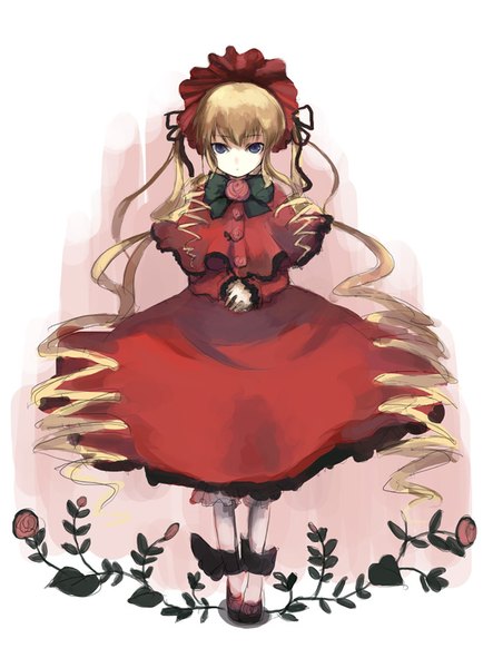 Anime picture 630x870 with rozen maiden shinku kasa single tall image looking at viewer fringe blue eyes simple background blonde hair white background twintails payot full body very long hair drill hair girl dress flower (flowers) hat