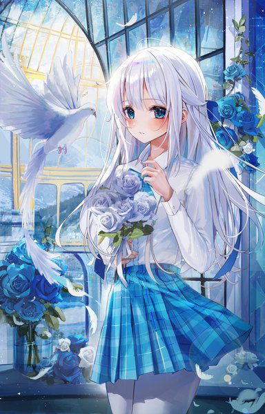 Anime picture 2560x4000 with original eumi 114 single long hair tall image looking at viewer blush fringe highres blue eyes standing holding silver hair long sleeves pleated skirt plaid skirt girl skirt flower (flowers) animal