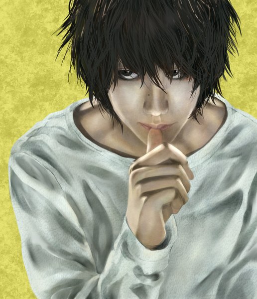 Anime picture 1224x1423 with death note madhouse l (death note) fuji hato yoyo single tall image short hair black hair simple background brown eyes realistic finger to mouth boy