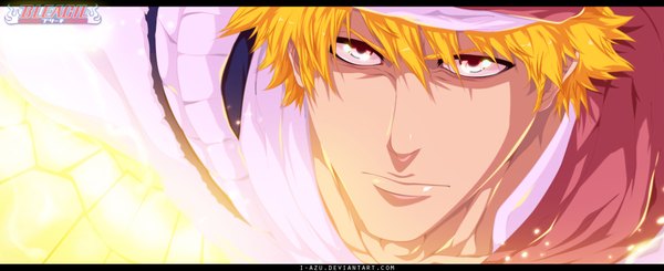 Anime picture 1900x777 with bleach studio pierrot kurosaki ichigo i-azu single highres short hair blonde hair wide image pink eyes inscription coloring watermark light letterboxed close-up face boy scarf