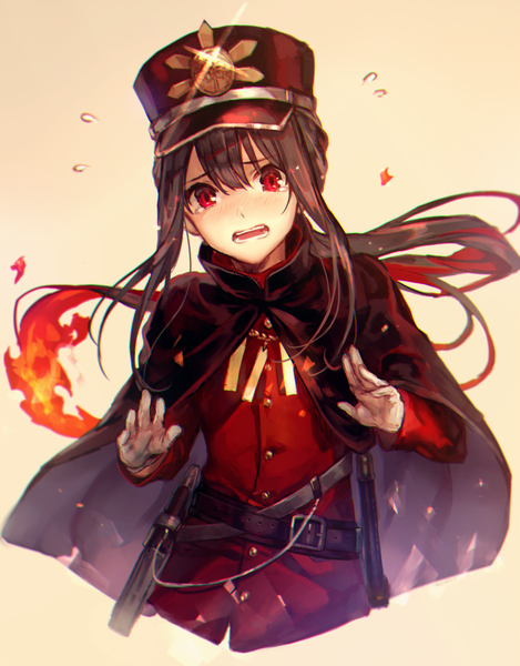 Anime picture 800x1023 with fate (series) fate/grand order oda nobukatsu (fate) shigaraki (strobe blue) single long hair tall image fringe open mouth simple background hair between eyes red eyes brown hair payot upper body sparkle low ponytail military boy uniform