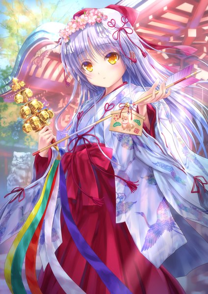 Anime picture 842x1191 with angel beats! key (studio) tachibana kanade goto p single long hair tall image looking at viewer blush fringe smile hair between eyes standing holding yellow eyes payot sky silver hair outdoors traditional clothes