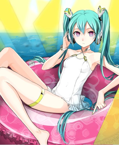 Anime picture 1690x2046 with vocaloid hatsune miku maruchi single tall image looking at viewer light erotic sitting purple eyes twintails very long hair aqua hair afloat girl swimsuit water headphones one-piece swimsuit swim ring white swimsuit