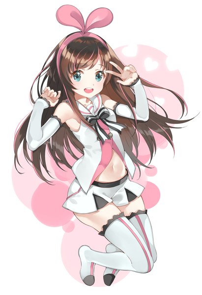 Anime picture 800x1166 with virtual youtuber a.i. channel kizuna ai shiosoda single long hair tall image fringe open mouth brown hair white background full body multicolored hair aqua eyes two-tone hair bare belly streaked hair victory girl navel