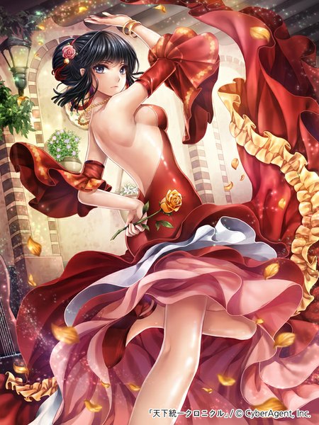 Anime picture 600x800 with original kempin single tall image looking at viewer blue eyes light erotic black hair back dancing girl dress flower (flowers) detached sleeves petals rose (roses)