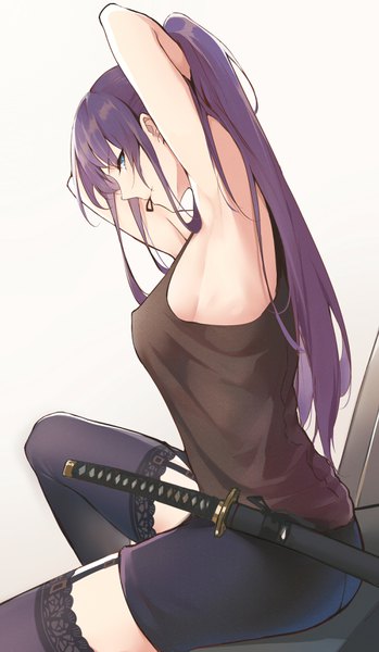 Anime picture 2000x3437 with highschool of the dead madhouse busujima saeko reroi single long hair tall image looking at viewer blush fringe highres breasts blue eyes light erotic simple background hair between eyes sitting payot purple hair bent knee (knees)