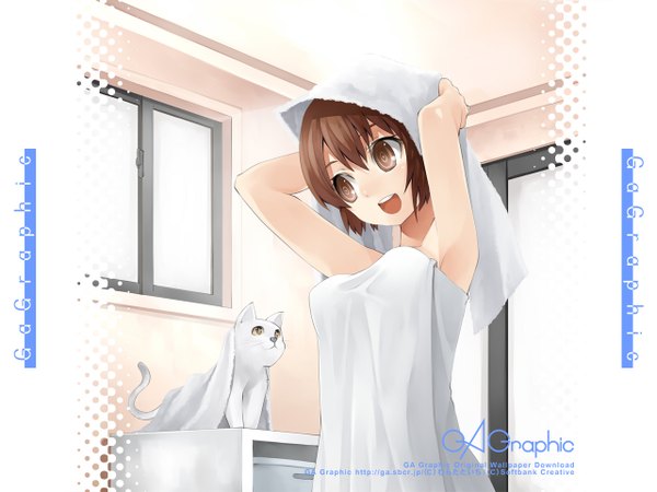 Anime picture 1280x960 with gagraphic murata taichi single short hair open mouth light erotic brown hair brown eyes armpit (armpits) naked towel girl window cat towel