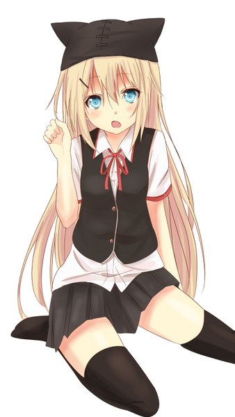 Anime picture 1000x1774 with original saku (kudrove) single long hair tall image blush open mouth blue eyes blonde hair :o girl thighhighs skirt black thighhighs miniskirt cap animal hat