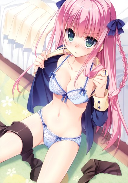 Anime picture 3285x4675 with moribe (rabumanyo) long hair tall image blush highres breasts light erotic green eyes pink hair absurdres braid (braids) twin braids girl underwear panties bow hair bow