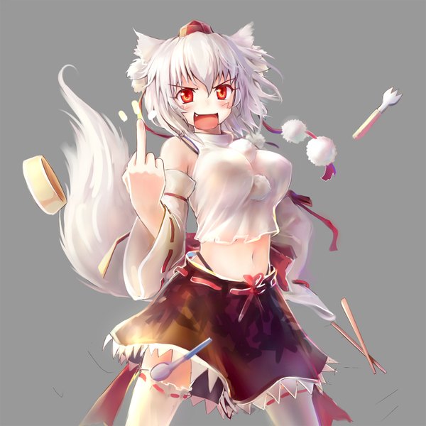 Anime picture 1508x1508 with touhou inubashiri momiji kimikimi single looking at viewer blush short hair breasts open mouth light erotic simple background red eyes large breasts animal ears white hair grey background hand on hip wolf ears wolf tail middle finger