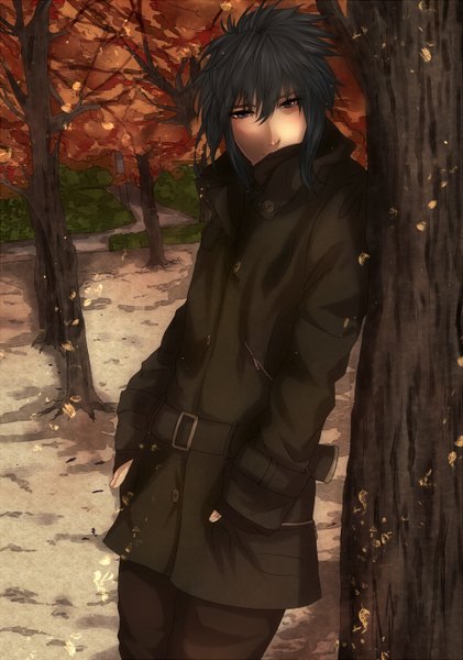 Anime picture 1000x1424 with naruto studio pierrot naruto (series) uchiha sasuke ojyun (artist) single tall image looking at viewer blush short hair black hair smile brown eyes wind hands in pockets boy plant (plants) tree (trees) leaf (leaves) autumn leaves