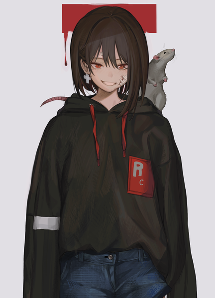Anime picture 2726x3785 with original freng single tall image looking at viewer highres short hair simple background red eyes brown hair white background long sleeves bandaid on face animal on shoulder evil grin girl earrings animal hood cross