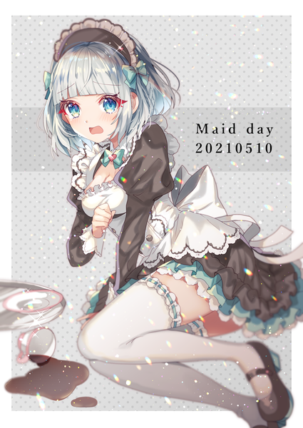 Anime-Bild 1000x1412 mit original shione (memento forest) single tall image fringe short hair open mouth blue eyes light erotic silver hair blunt bangs sparkle maid puffy sleeves border dated polka dot polka dot background spill maid day