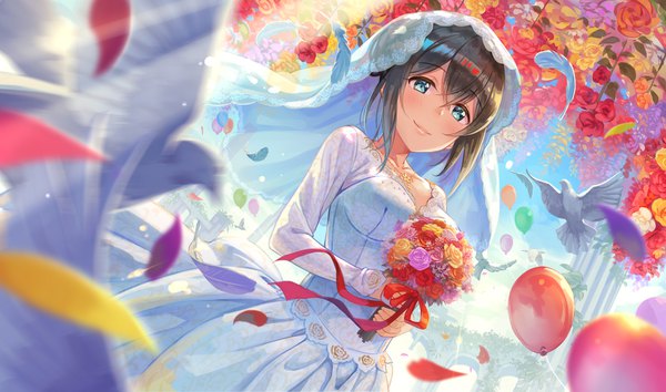 Anime picture 1576x930 with idolmaster idolmaster cinderella girls sagisawa fumika terumii single blush fringe short hair blue eyes black hair smile hair between eyes wide image standing holding outdoors long sleeves dutch angle embarrassed wedding