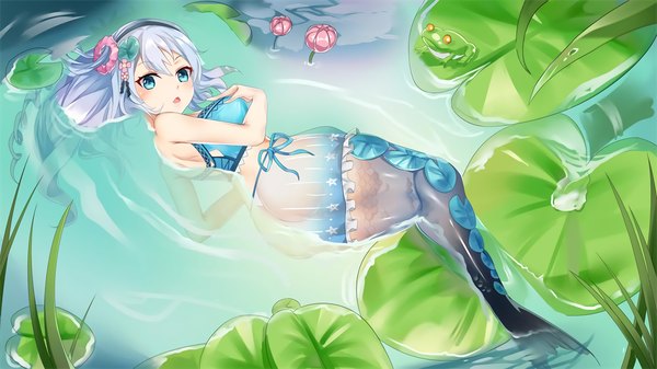 Anime picture 2000x1124 with fist of love yusan single long hair looking at viewer blush fringe highres open mouth light erotic hair between eyes wide image silver hair ass looking back hair flower aqua eyes from above :o partially submerged