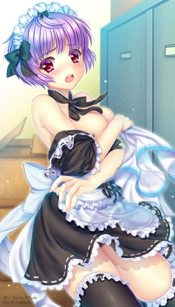 Anime picture 500x875 with original a.yuuki (au7) single tall image blush short hair open mouth light erotic bare shoulders purple hair pink eyes maid undressing covering covering breasts girl thighhighs uniform bow black thighhighs