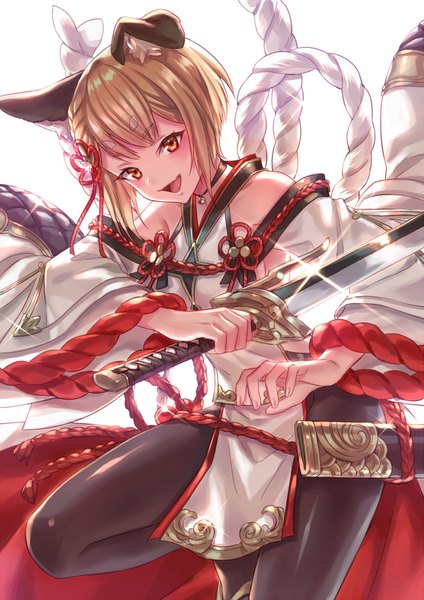 Anime picture 1415x2000 with granblue fantasy vajra (granblue fantasy) zoff (daria) single tall image looking at viewer blush fringe short hair breasts open mouth light erotic blonde hair simple background smile standing white background bare shoulders holding animal ears