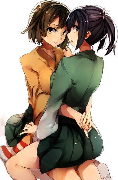 Anime picture 910x1390 with kantai collection souryuu aircraft carrier hiryuu aircraft carrier kyouya (mukuro238) tall image looking at viewer short hair open mouth light erotic black hair simple background brown hair white background multiple girls brown eyes traditional clothes looking back hug shoujo ai girl